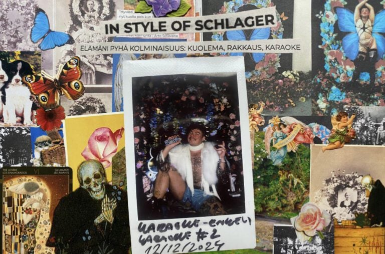 Kuvakollaasi, jossa keskellä polaroid-valokuva taiteilija Aleksi Kolmosesta.